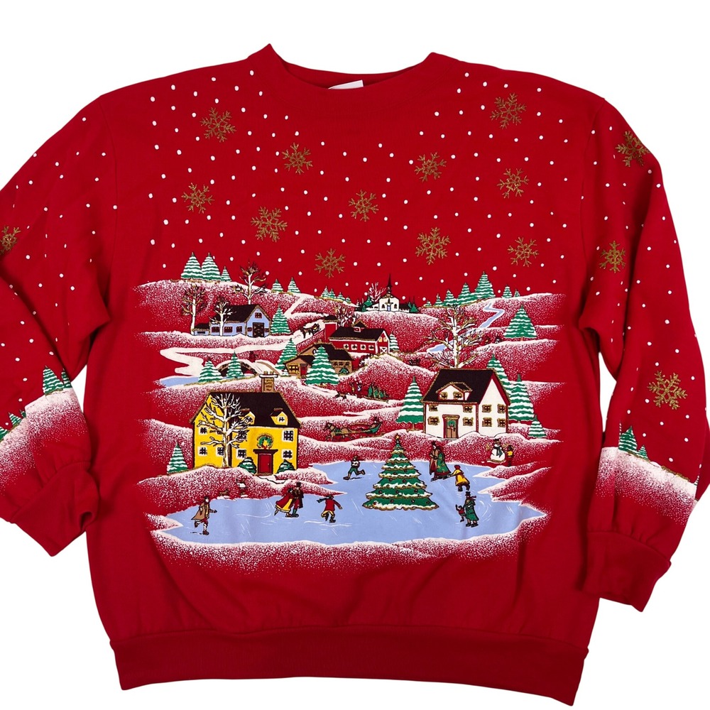 Holiday Time Christmas Village Puffy Paint Sweatshirt Womens Medium Vintage 90s
